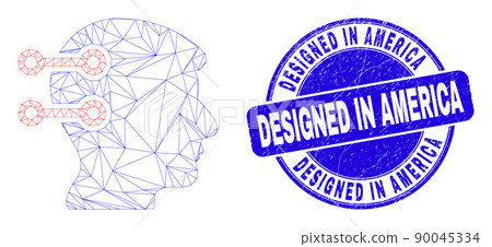Blue Grunge Designed in America Stamp and Web Mesh Brain Interface Links Blue Grunge Designed in America Stamp and Web Mesh Brain Interface Links 90045334