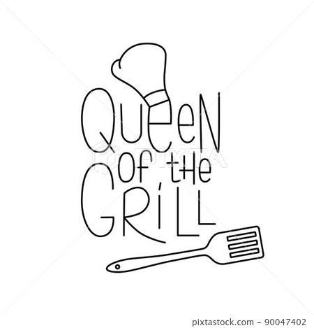Barbecue tools with handwritten lettering sign Queen of the grill. Editable stroke. Vector stock illustration isolated on white background for design packaging, logo, party, menu in restaurant. EPS10 Barbecue tools with handwritten lettering sign Queen of the grill. Editable stroke. Vector stock illustration isolated on white background for design packaging, logo, party, menu in restaurant. EPS10 90047402