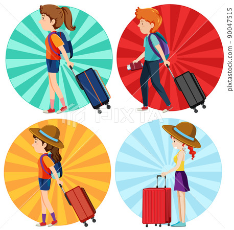Set of girls and boy with backpack walking Set of girls and boy with backpack walking 90047515