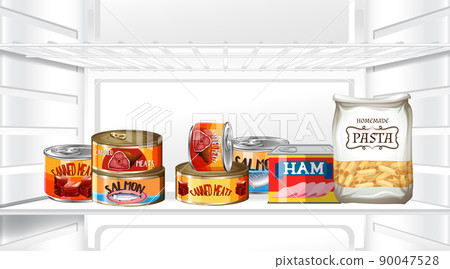 An inside the refrigerator with canned food An inside the refrigerator with canned food 90047528