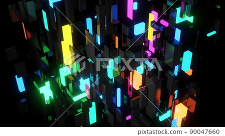 3d render. Different sizes cubes network lighting multicolor neon light, like night city. Abstract dark bg neon cubes light bulbs. Visualisation of working ai big data or blockchain technology. 90047660