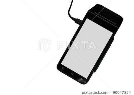 top view, white screen on black card swipe on white background, object, technology, business, copy space 90047834