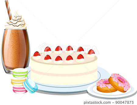 Sweet dessert with strawberry cake and chocolate milk Sweet dessert with strawberry cake and chocolate milk 90047873