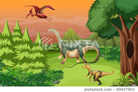 Nature scene with trees on mountains with dinosaur Nature scene with trees on mountains with dinosaur 90047903