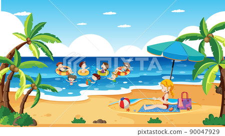 children playing at beach in summer 90047929