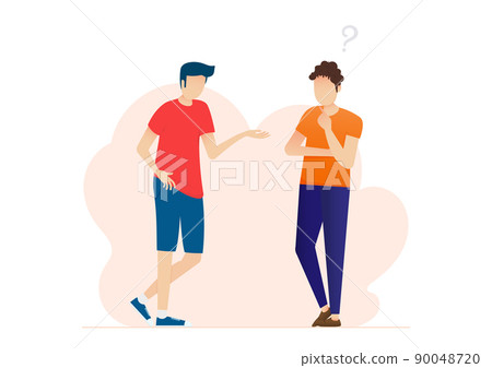Man talking with question mark. People solve problem, choose solution. Concept of dispute. Man talking with question mark. People solve problem, choose solution. Concept of dispute. 90048720