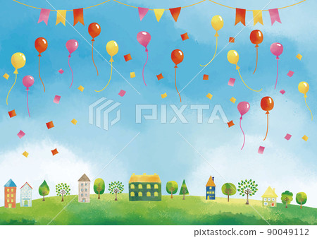 Watercolor touch: Cityscape, hills, balloons, garland, and blue sky frame Watercolor touch: Cityscape, hills, balloons, garland, and blue sky frame 90049112