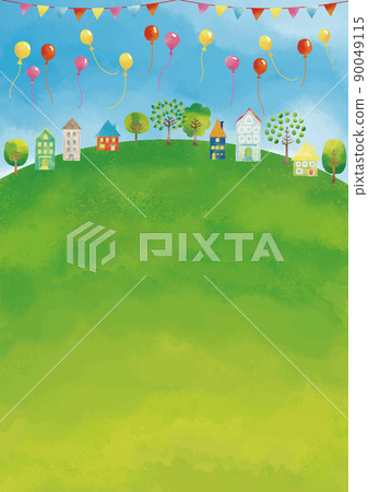 Watercolor touch Cityscape, hills, balloons, garland, and blue sky frame Vertical Watercolor touch Cityscape, hills, balloons, garland, and blue sky frame Vertical 90049115