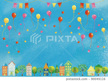 Watercolor touch Cityscape, balloons, garland and blue sky frame Watercolor touch Cityscape, balloons, garland and blue sky frame 90049116