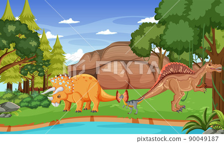 Scene with dinosaurs in the forest 90049187