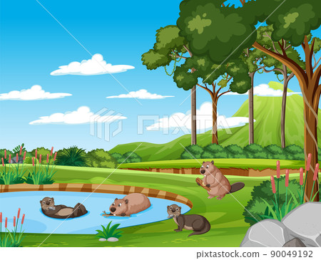 Scene otters and beavers in the forest 90049192