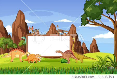 Scene with dinosaurs and whiteboard in the field Scene with dinosaurs and whiteboard in the field 90049194