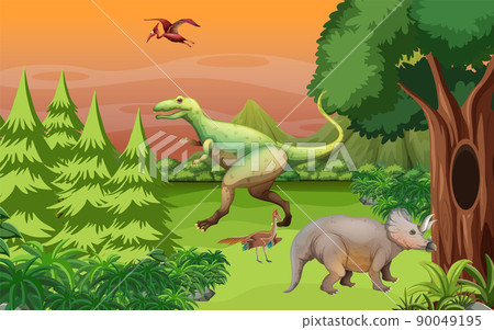 Scene with many dinosaurs in forest Scene with many dinosaurs in forest 90049195