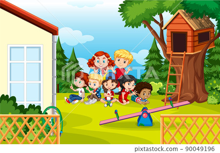Scene with many children playing in backyard Scene with many children playing in backyard 90049196