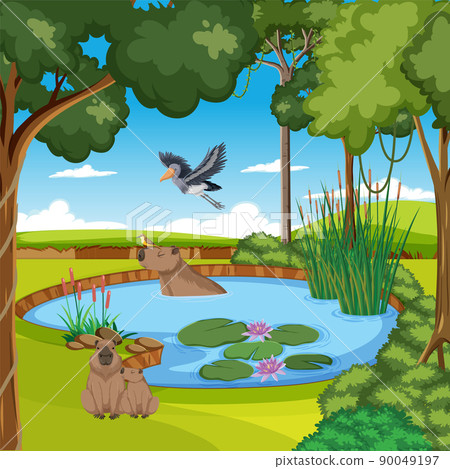 Wetland forest scene with capybara Wetland forest scene with capybara 90049197