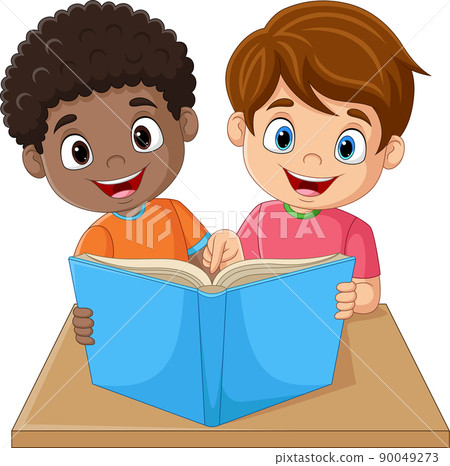 Happy little children reading a book Happy little children reading a book 90049273