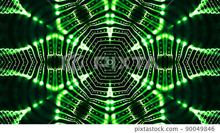 3d render. Green motion design background with symmetrical star pattern. Abstract sci-fi bg with glow particles form curved lines, surfaces, hologram or virtual digital space. Floral structure 3d render. Green motion design background with symmetrical star pattern. Abstract sci-fi bg with glow particles form curved lines, surfaces, hologram or virtual digital space. Floral structure 90049846