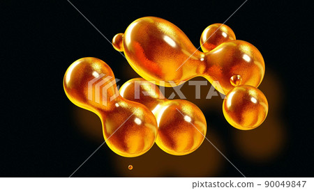 3d rendering. Amasing abstract background of metaballs or glisten bubbles as if glass drops or spheres filled with golden sparkles merge together and scatter around. Creative background 3d rendering. Amasing abstract background of metaballs or glisten bubbles as if glass drops or spheres filled with golden sparkles merge together and scatter around. Creative background 90049847