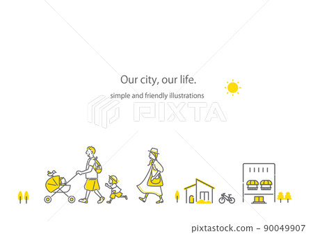 A family of four walking around the city, a simple and stylish line drawing illustration 90049907