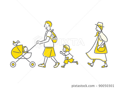 A family of four taking a walk Simple and stylish line drawing illustration A family of four taking a walk Simple and stylish line drawing illustration 90050301