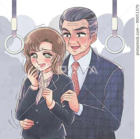 Female office worker suffering from molestation on a commuter train, retro shojo manga style 90051370