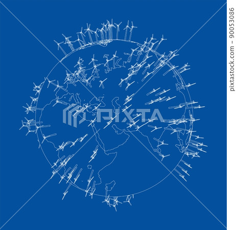 Electric wind turbines on Earth. Vector 90053086