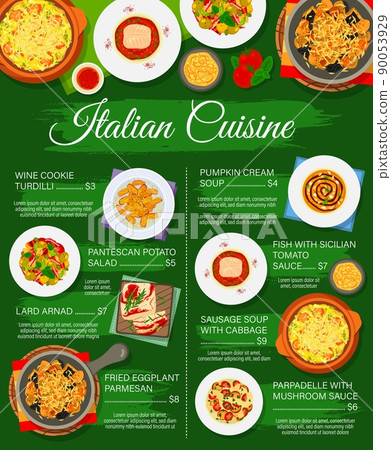 Italian food and cuisine menu, Italy pasta and restaurant salads, vector. Traditional Italian cuisine and cafe dishes pappardelle pasta with mushroom sauce, potato and Sicilian fish with pumpkin soup 90053929