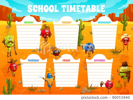Timetable schedule wild west berry ranger, cowboy and bandit characters. Education school vector template with cartoon grape, cranberry, currant and blueberry, gooseberry, strawberry and honeyberry Timetable schedule wild west berry ranger, cowboy and bandit characters. Education school vector template with cartoon grape, cranberry, currant and blueberry, gooseberry, strawberry and honeyberry 90053940