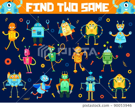 Find two same cartoon funny robots. Game worksheet, child logical puzzle, kids vector educational quiz with find same objects activity. Children riddle with vintage robots, droids retro characters Find two same cartoon funny robots. Game worksheet, child logical puzzle, kids vector educational quiz with find same objects activity. Children riddle with vintage robots, droids retro characters 90053946
