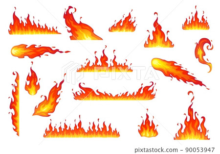 Cartoon isolated fire flames, bonfire. Vector campfire, comet, fireball or torch burning blaze. Glowing shining borders with long waving tongues. Decorative ignition stripes of fire flames 90053947