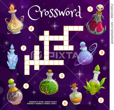 Magic potion bottles. Crossword grid worksheet. Find a word quiz game, kids text game or words finding playing activity, children vector crossword puzzle with fantasy magic potions bottles Magic potion bottles. Crossword grid worksheet. Find a word quiz game, kids text game or words finding playing activity, children vector crossword puzzle with fantasy magic potions bottles 90053952