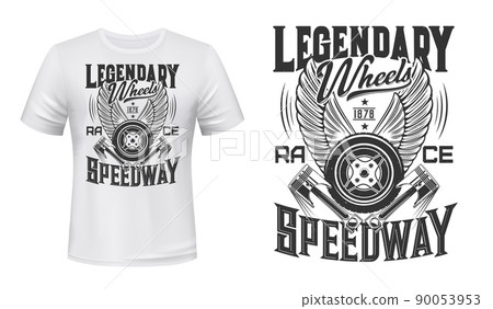 Winged tyre and pistons t-shirt vector print template. Crossed angel wings with tire and engine pistons Winged tyre and pistons t-shirt vector print template. Crossed angel wings with tire and engine pistons 90053953