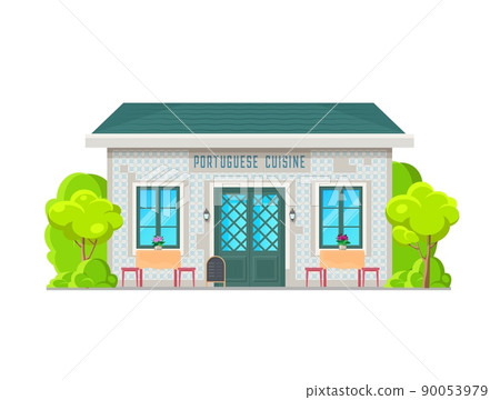Portuguese cuisine restaurant building icon. Vector cafe or street food house exterior facade with Azulejo tiles, windows and front door, terrace tables, chairs and menu stand, flowers and trees Portuguese cuisine restaurant building icon. Vector cafe or street food house exterior facade with Azulejo tiles, windows and front door, terrace tables, chairs and menu stand, flowers and trees 90053979