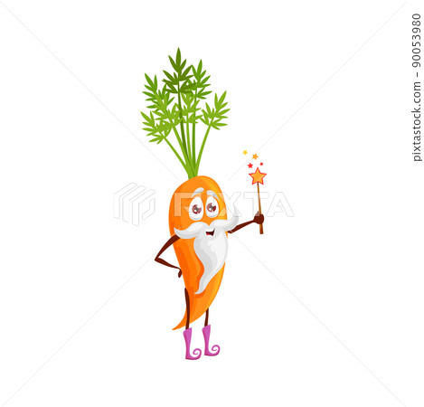 Cartoon carrot wizard or magician character with magic wand, vector icon. Funny carrot vegetable as fairy tale sorcerer and kids personage with beard in magic shoes, fairy food Cartoon carrot wizard or magician character with magic wand, vector icon. Funny carrot vegetable as fairy tale sorcerer and kids personage with beard in magic shoes, fairy food 90053980
