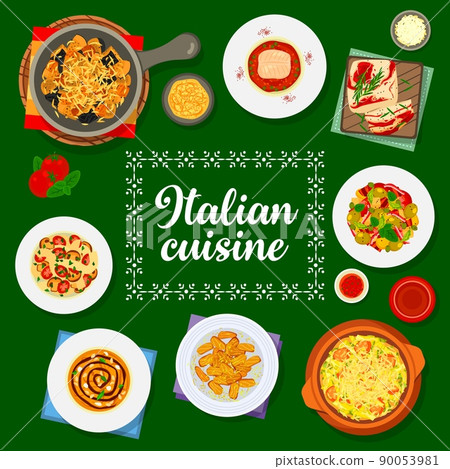 Italian cuisine food menu cover, Italy dishes and traditional meals, vector. Italian cuisine pasta with cheese, Sicilian restaurant food and Mediterranean European world kitchen authentic dishes 90053981