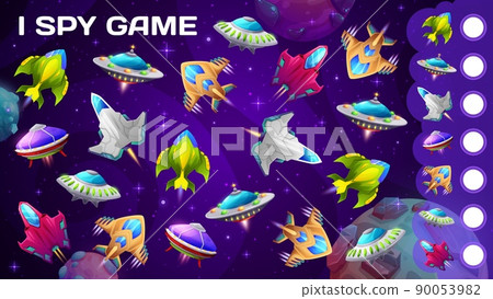 Cartoon galaxy planets, UFO and spaceships. I spy game worksheet, kids math riddle or children quiz game vector page with fantastic alien rocketships, flying saucers and flying in galaxy starships Cartoon galaxy planets, UFO and spaceships. I spy game worksheet, kids math riddle or children quiz game vector page with fantastic alien rocketships, flying saucers and flying in galaxy starships 90053982
