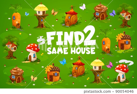 Find two same fairy houses or cartoon elf village dwellings kids game worksheet. Preschool child intelligence riddle, difference spotting vector quiz. Kids educational puzzle game with fantasy homes Find two same fairy houses or cartoon elf village dwellings kids game worksheet. Preschool child intelligence riddle, difference spotting vector quiz. Kids educational puzzle game with fantasy homes 90054046