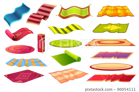 Cartoon isolated carpets, mat and rugs. Home interior vector objects. Floor, picnic, yoga, bath and beach carpets with tassels and color ornaments, wool and woven fabric carpeting set Cartoon isolated carpets, mat and rugs. Home interior vector objects. Floor, picnic, yoga, bath and beach carpets with tassels and color ornaments, wool and woven fabric carpeting set 90054111