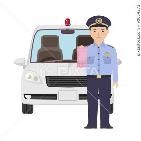 A male police officer in summer clothes holding a red ticket in front of a masked police car A male police officer in summer clothes holding a red ticket in front of a masked police car 90054273