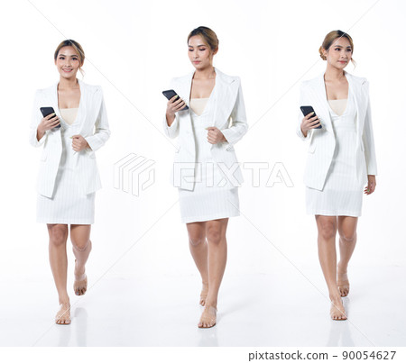 Full length 20s Asian Business woman wear white blazzer formal suit dress skirt. Office Female 90054627