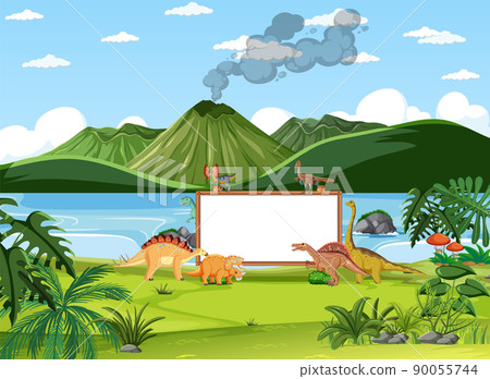 Scene with dinosaurs and whiteboard in the forest 90055744