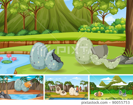 Different prehistoric forest scenes with dinosaur cartoon 90055753
