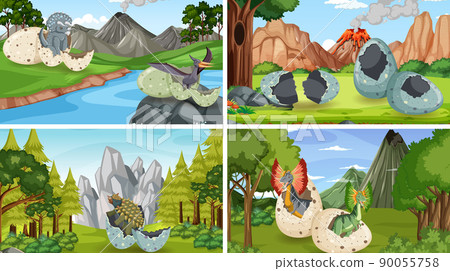 Different prehistoric forest scenes with dinosaur cartoon 90055758
