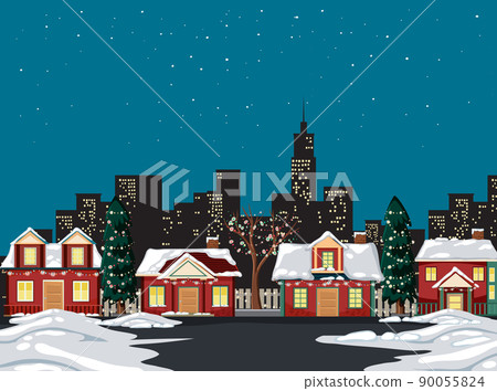 Winter snowy night small town background - Stock Illustration [90055824 ...