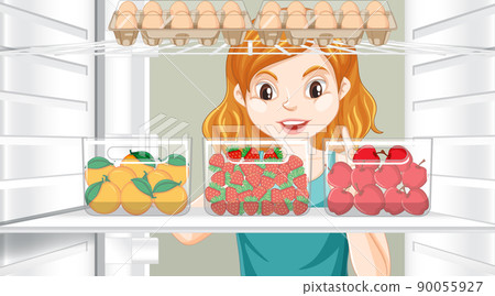 Girl looking at food in fridge 90055927