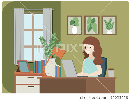 A woman working using laptop flat design at home 90055928