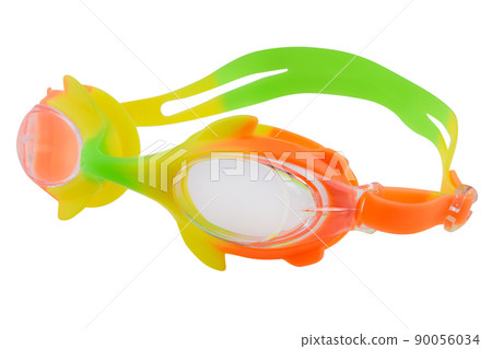 orange-yellow-green children's goggles for swimming in the pool or in the sea, on a white background orange-yellow-green children's goggles for swimming in the pool or in the sea, on a white background 90056034