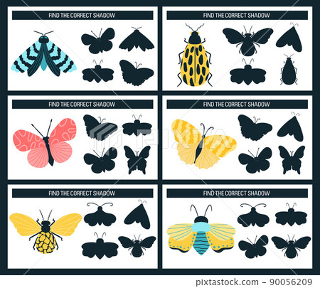 Insects, butterflies, moths. Find the right shadow, an educational game for kids. Vector illustration cartoon style Insects, butterflies, moths. Find the right shadow, an educational game for kids. Vector illustration cartoon style 90056209