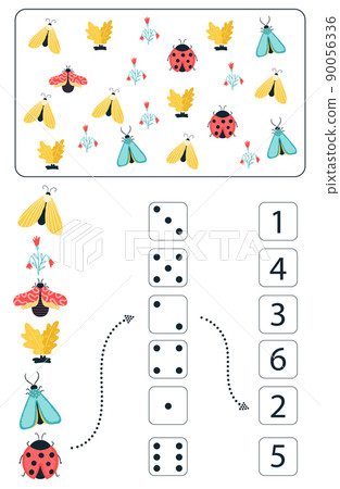 Math educational game for kids. Math worksheet for children with colorful insects, butterflies, beetles, flowers. Vector, cartoon style. 90056336