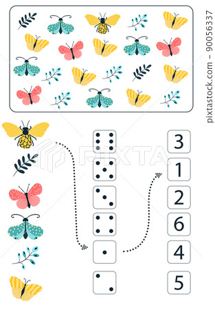 Math educational game for kids. Math worksheet for children with colorful insects, butterflies, beetles, flowers. Vector, cartoon style. Math educational game for kids. Math worksheet for children with colorful insects, butterflies, beetles, flowers. Vector, cartoon style. 90056337